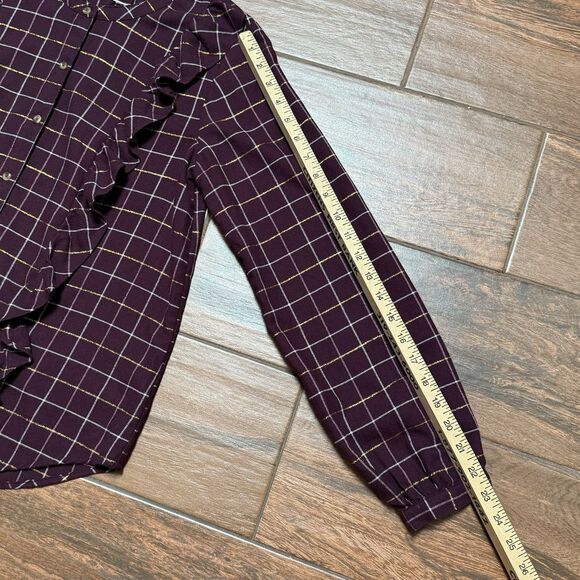 Sonoma Ruffled Flannel Top Womens S Maroon Plaid Button Up Shirt Blouse Small - Picture 5 of 9